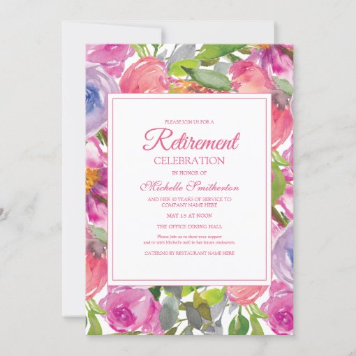 Purple Pink Watercolor Wildflower Retirement Invitation | Zazzle