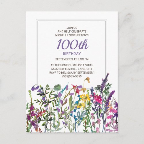 Purple Pink Watercolor Wildflowers 100th Birthday Postcard