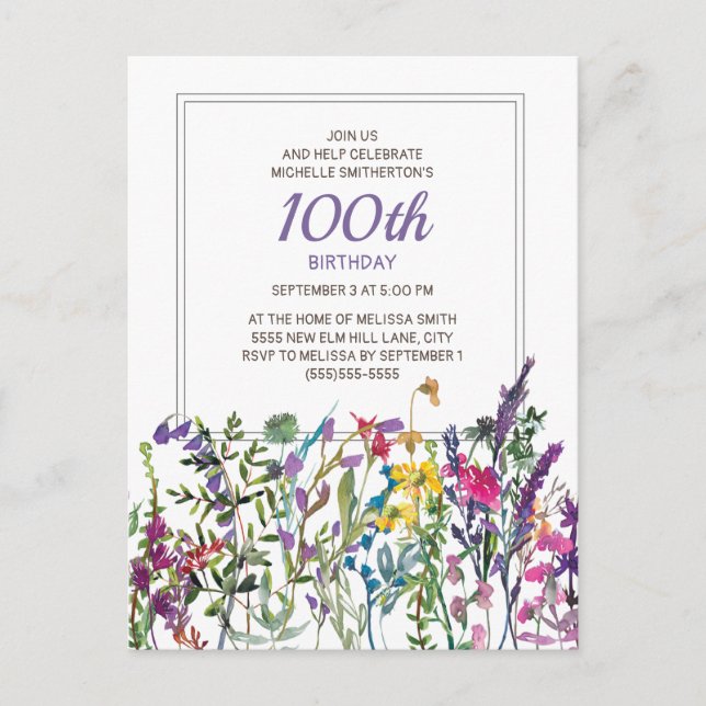 Purple Pink Watercolor Wildflowers 100th Birthday Postcard (Front)