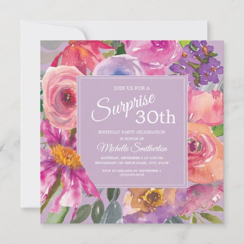 Purple Pink Watercolor Wildflowers 30th Birthday Invitation