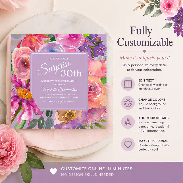Purple Pink Watercolor Wildflowers 30th Birthday Invitation | Zazzle