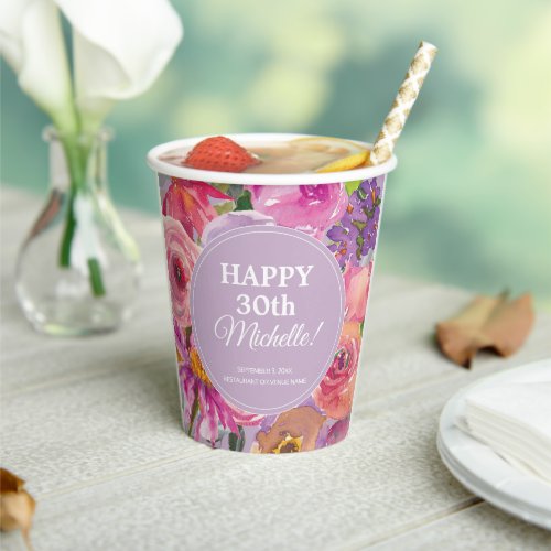 Purple Pink Watercolor Wildflowers 30th Birthday Paper Cups