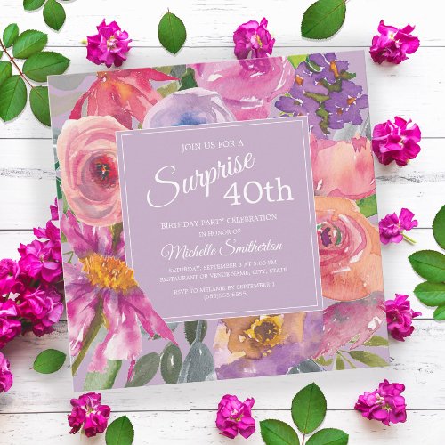 Purple Pink Watercolor Wildflowers 40th Birthday Invitation