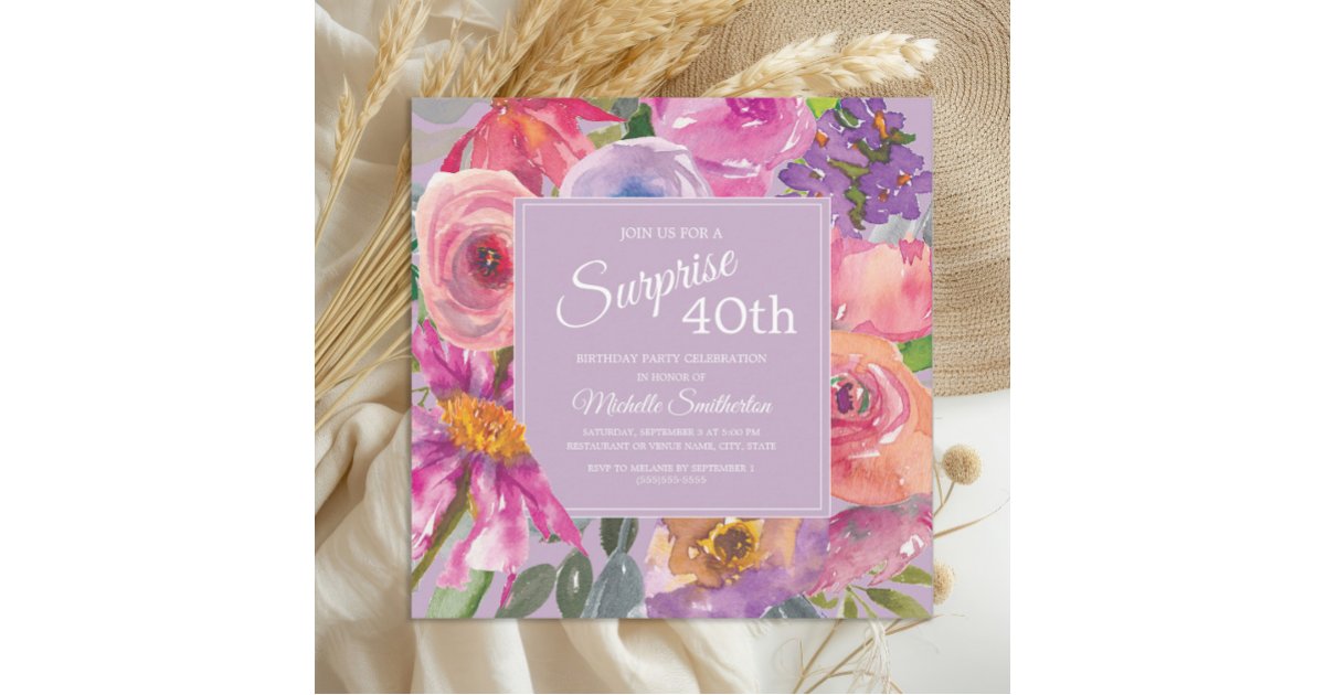 Purple Pink Watercolor Wildflowers 40th Birthday Invitation | Zazzle