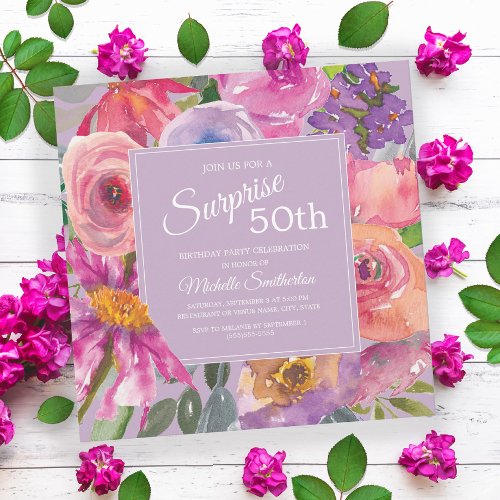 Purple Pink Watercolor Wildflowers 50th Birthday Invitation