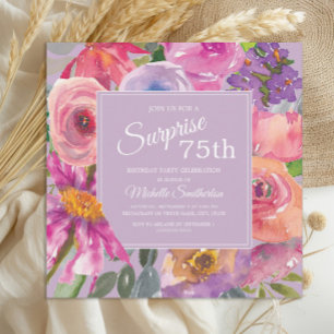 Purple Pink Watercolor Wildflowers 75th Birthday Invitation