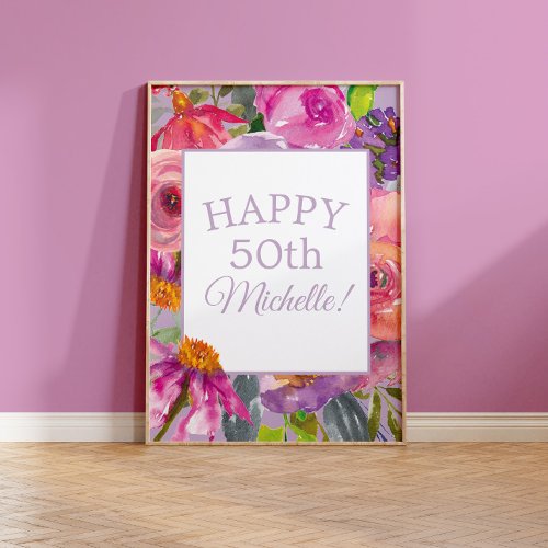 Purple Pink Watercolor Wildflowers Happy 50th Poster