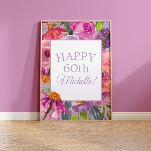Purple Pink Watercolor Wildflowers Happy 60th Poster