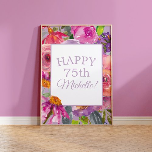Purple Pink Watercolor Wildflowers Happy 75th Poster