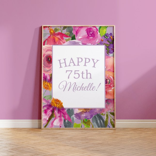 Purple Pink Watercolor Wildflowers Happy 75th Poster (Creator Uploaded)
