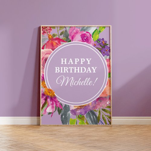 Purple Pink Watercolor Wildflowers Happy Birthday Poster