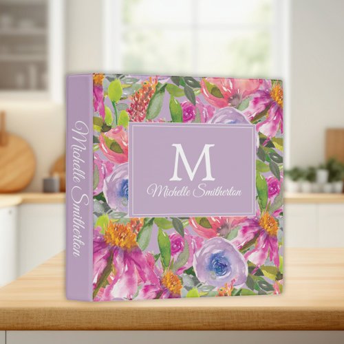 Purple Pink Watercolor Wildflowers Monogram  3 Ring Binder