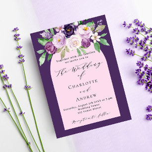 Purple pink watercolored florals arch wedding invitation postcard