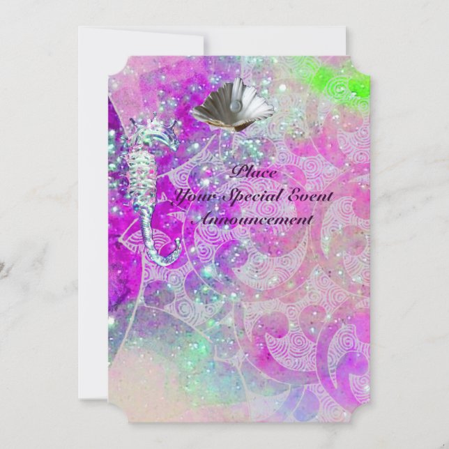PURPLE PINK WAVES, SEAHORSES,SEASHELLS,BLUE RIBBON INVITATION (Front)