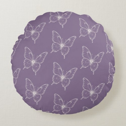 Purple Pink White Butterflies   Round Pillow