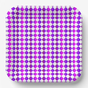 Purple Pink White Checker Diamond Pattern Paper Plates