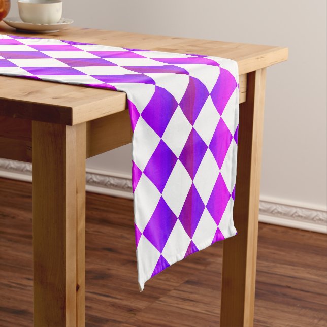 Purple Pink White Checker Diamond Pattern Short Table Runner (In Situ)