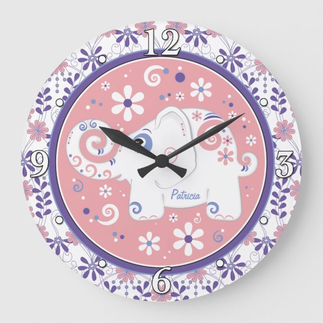 Purple Pink White Elephant Floral Personalized Large Clock (Front)
