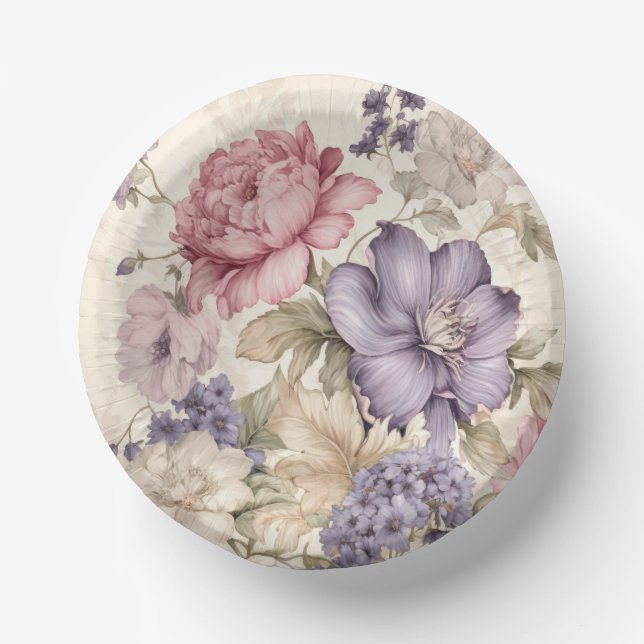 Purple Pink White Floral Paper Bowl (Front)