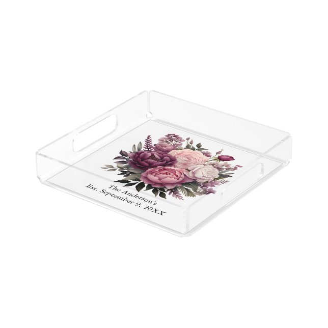 Purple Pink White Florals Bridal Wedding Gift Acrylic Tray (Angled)