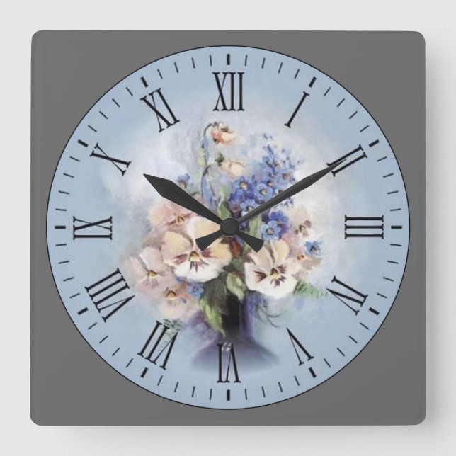 Purple-Pink-White Flowers Roman Numeral Square Wall Clock (Front)