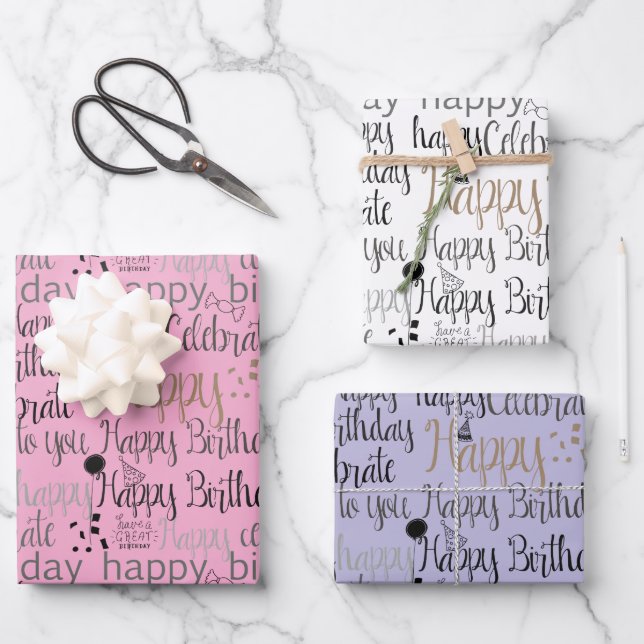 Purple Pink White Fun Happy Balloons Birthday Wrapping Paper Sheets (Front)