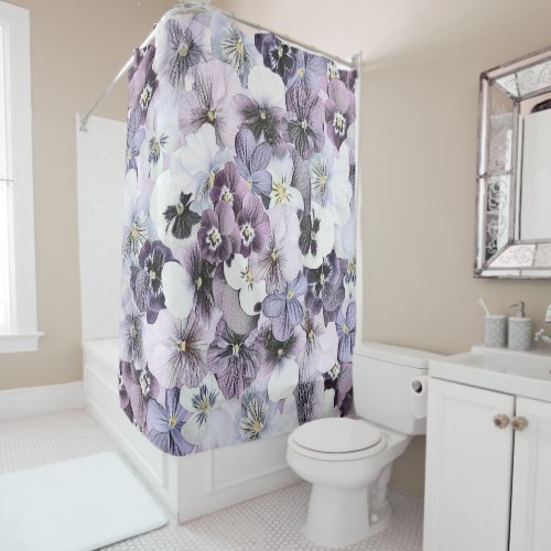 Purple Pink White Pansies Vintage Drawing  Shower Curtain