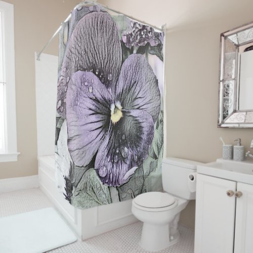 Purple Pink White Pansy Floral Vintage Drawing  Shower Curtain