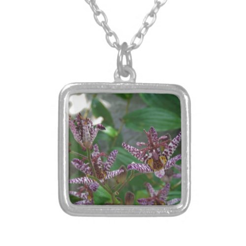 Purple pink white striped orchid like flower lilly silver plated necklace