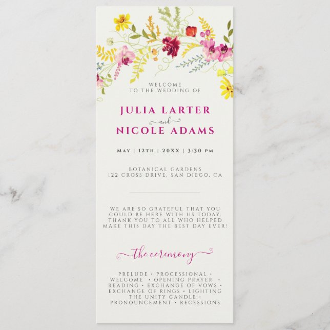 Purple Pink Wild Orchid Flowers Wreath Wedding Program (Front)