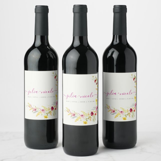 Purple Pink Wild Orchid Flowers Wreath Wedding Wine Label (Bottles)