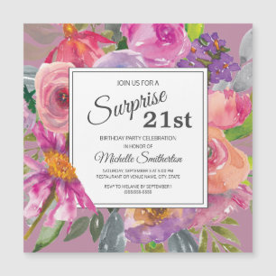 Purple Pink Wildflower 21st Square Birthday Party Magnetic Invitation