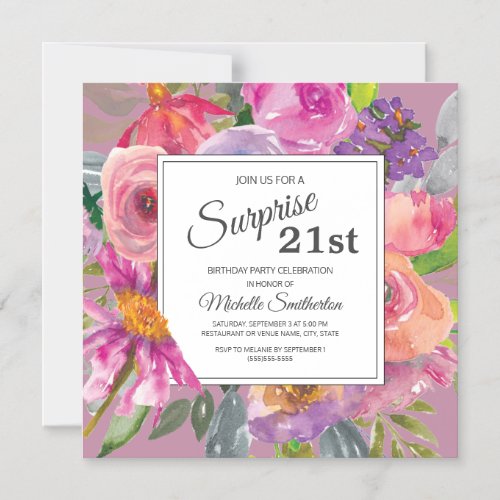 Purple Pink Wildflower 21st Square Birthday Party Magnetic Invitation