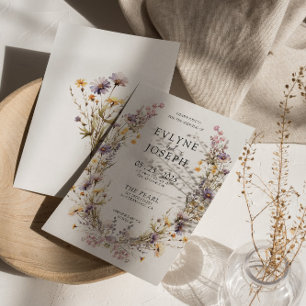 Purple Pink Wildflower Boho Floral Wreath Wedding Invitation