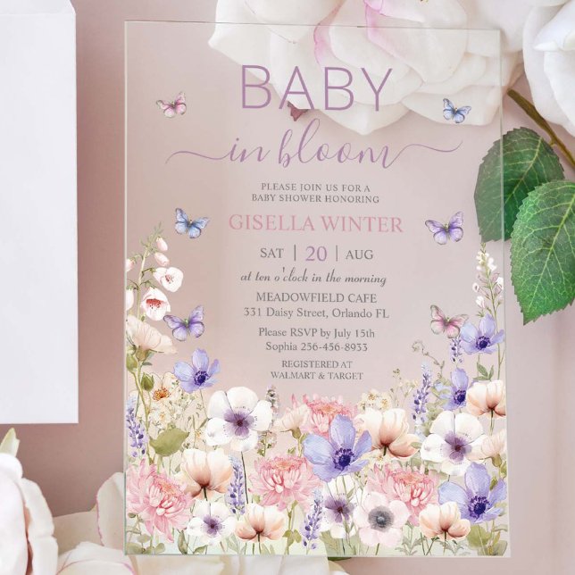Purple Pink Wildflower Butterflies Baby in Bloom Acrylic Invitations (Creator Uploaded)