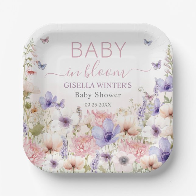 Purple Pink Wildflower Butterflies Baby in Bloom Paper Plates (Front)