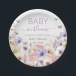 Purple Pink Wildflower Butterflies Baby in Bloom Paper Plates<br><div class="desc">Personalize these beautiful baby in bloom baby shower party paper plates with your own wording easily and quickly, simply press the Edit Using Design Tool button to further re-arrange and format the style and placement of the text.  Featuring exquisite delicate wildflower in soft pastel hues of blush, pink and purple...</div>