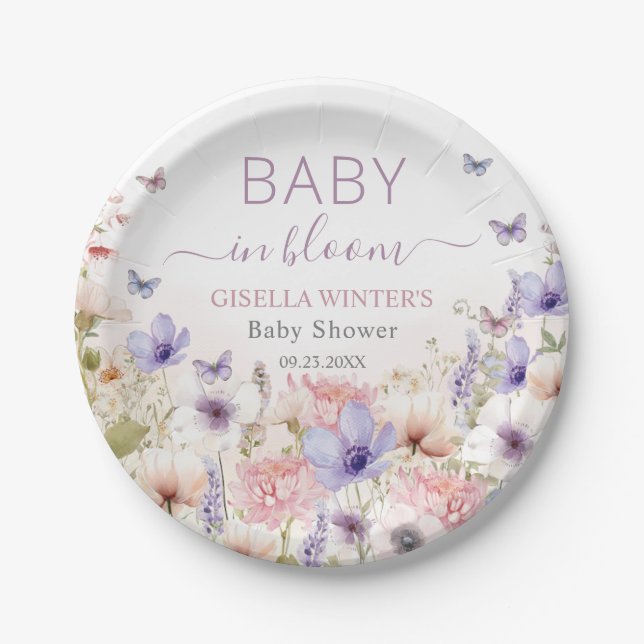 Purple Pink Wildflower Butterflies Baby in Bloom Paper Plates (Front)