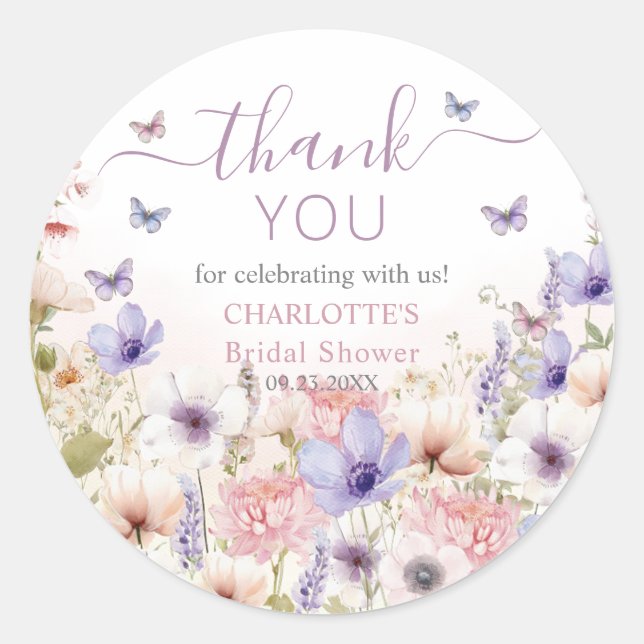 Purple Pink Wildflower Butterflies Love in Bloom Classic Round Sticker (Front)
