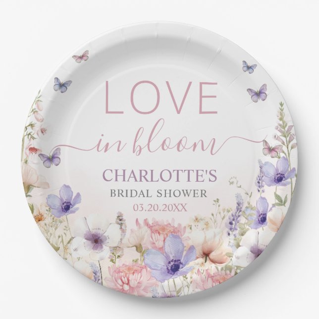 Purple Pink Wildflower Butterflies Love in Bloom Paper Plates (Front)
