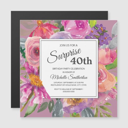 Purple Pink Wildflower Square 40th Birthday Party Magnetic Invitation