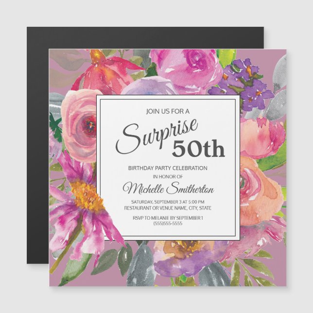 Purple Pink Wildflower Square 50th Birthday Party Magnetic Invitation (Front/Back)