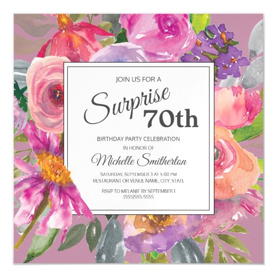 Purple Pink Wildflower Square 70th Birthday Party Magnetic Invitation ...