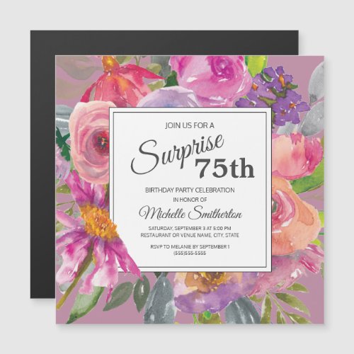 Purple Pink Wildflower Square 75th Birthday Party Magnetic Invitation