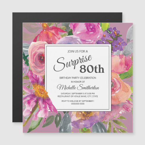 Purple Pink Wildflower Square 80th Birthday Party Magnetic Invitation