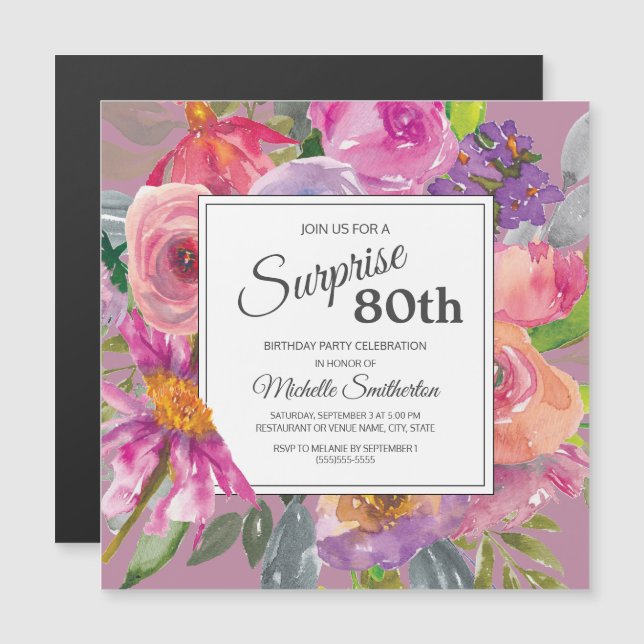 Purple Pink Wildflower Square 80th Birthday Party Magnetic Invitation (Front/Back)