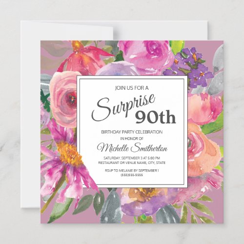 Purple Pink Wildflower Square 90th Birthday Party Magnetic Invitation