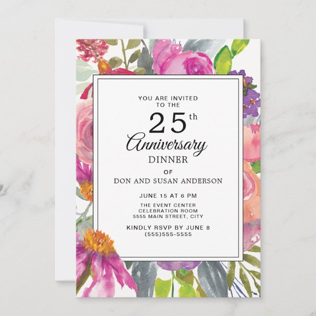 Purple Pink Wildflowers 25th Wedding Anniversary Invitation (Front)