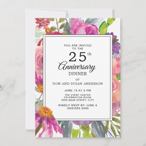 Purple Pink Wildflowers 25th Wedding Anniversary Invitation