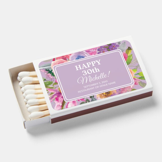 Purple Pink Wildflowers 30th Birthday Matchboxes (Front Open)